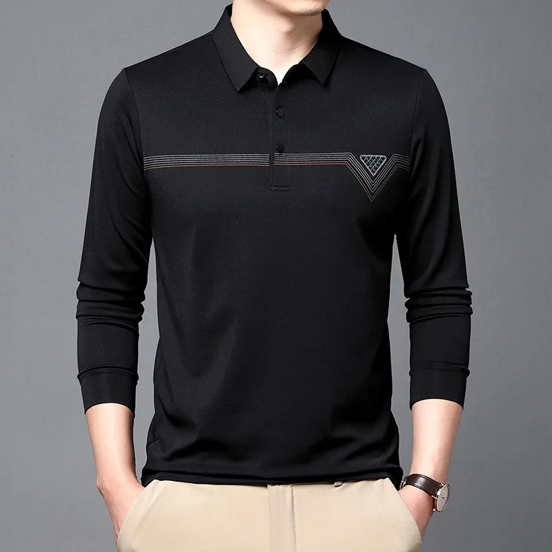 Business Fashion Men's Solid Color Long Sleeve Tops New Casual All-match Spliced Polo-Neck Shirt Spring Autumn Male Clothes