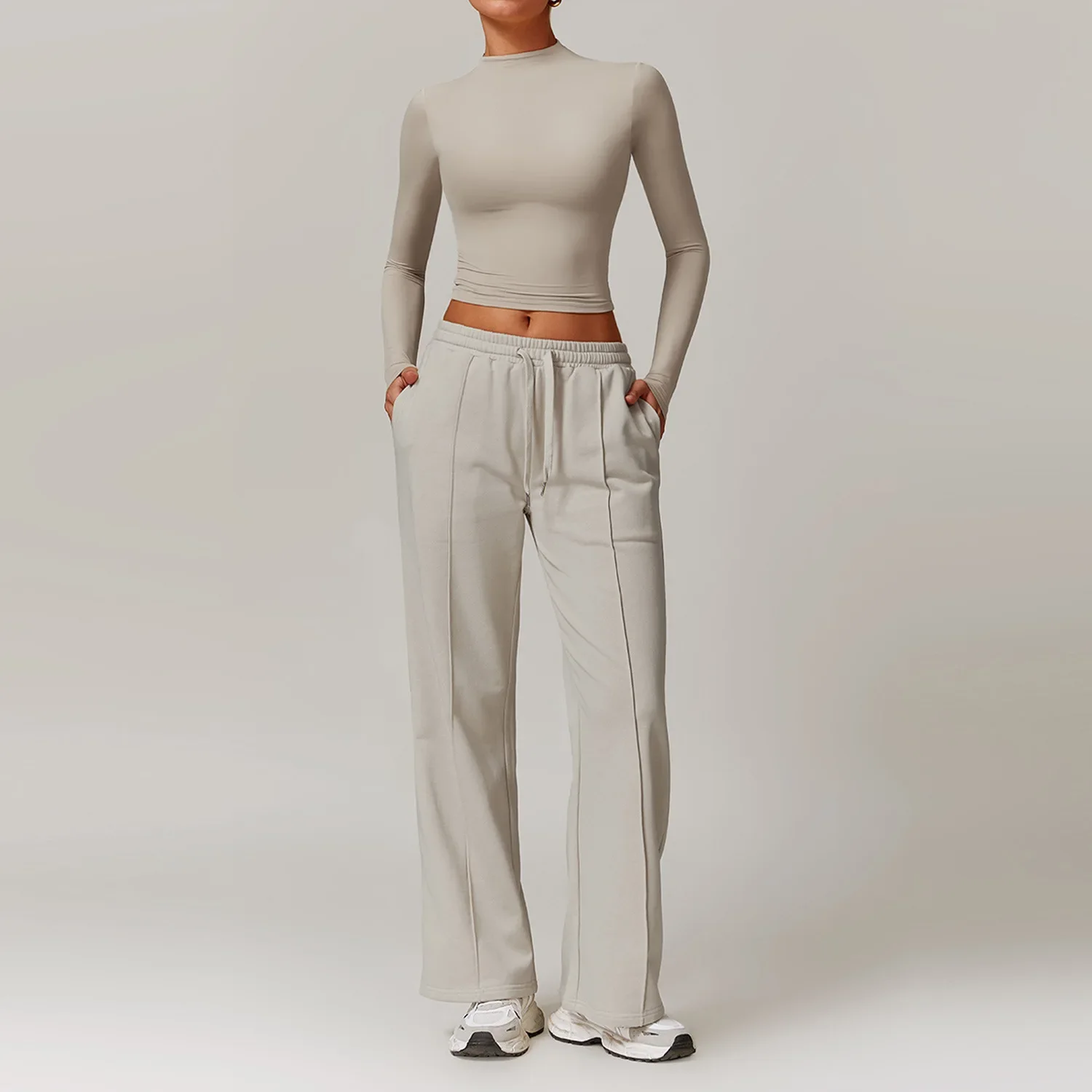 Custom LOGO New Women's Casual Sports Sweater Set High Waist Wide Leg Pants Long Sleeve Running Fitness Set image 4