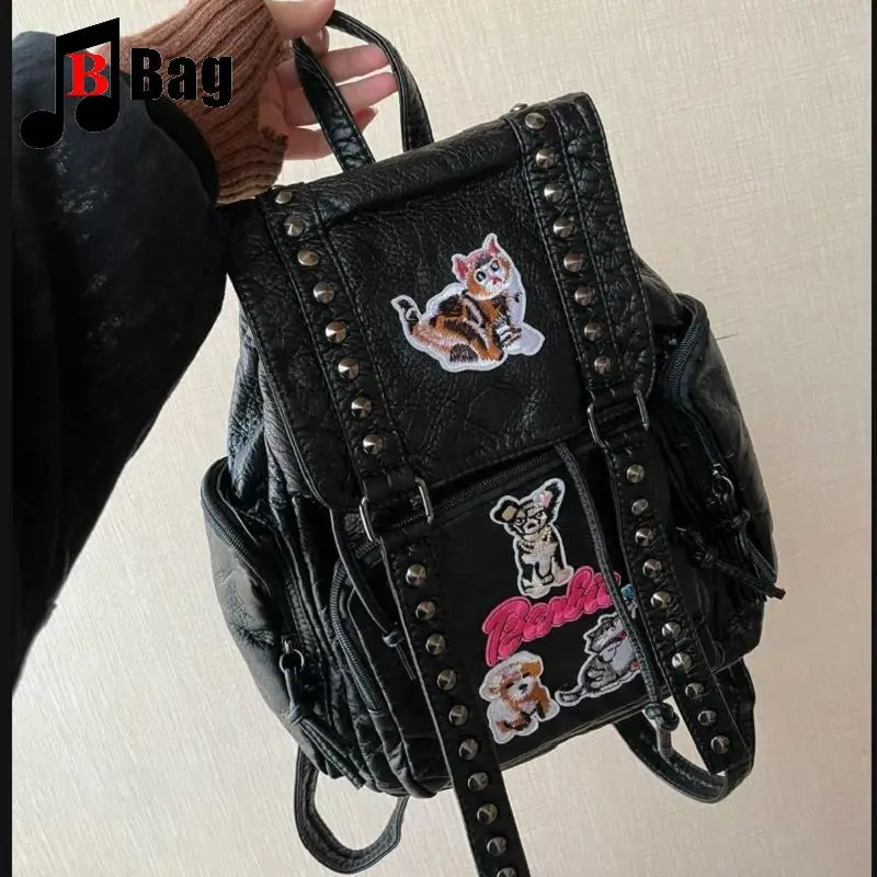 Y2K Gothic Women\'s Spicy Girls Punk Handbags Harajuku Catskin Buckle Rivet Vintage Leather Backpack Bag Totes