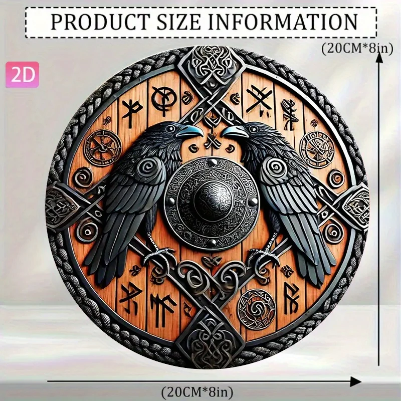Vintage Norse Viking Mythology Twin Ravens Huginn Muninn 2D Flat High Definition Metal Wall Art Sign Round Embossed Iron Paintin