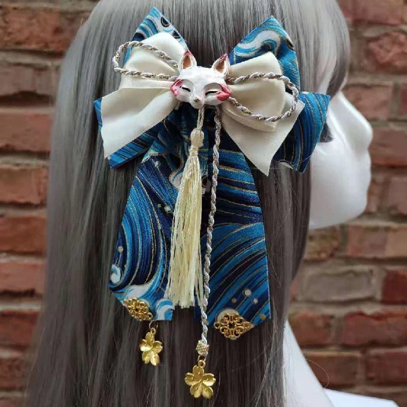 Yae Miko Cos Retro Fox Sakura Tassels Cute Big Bowknot Hairpin Headwear Japanese Kimono Haori Lolita Hair Accessories Side Clip