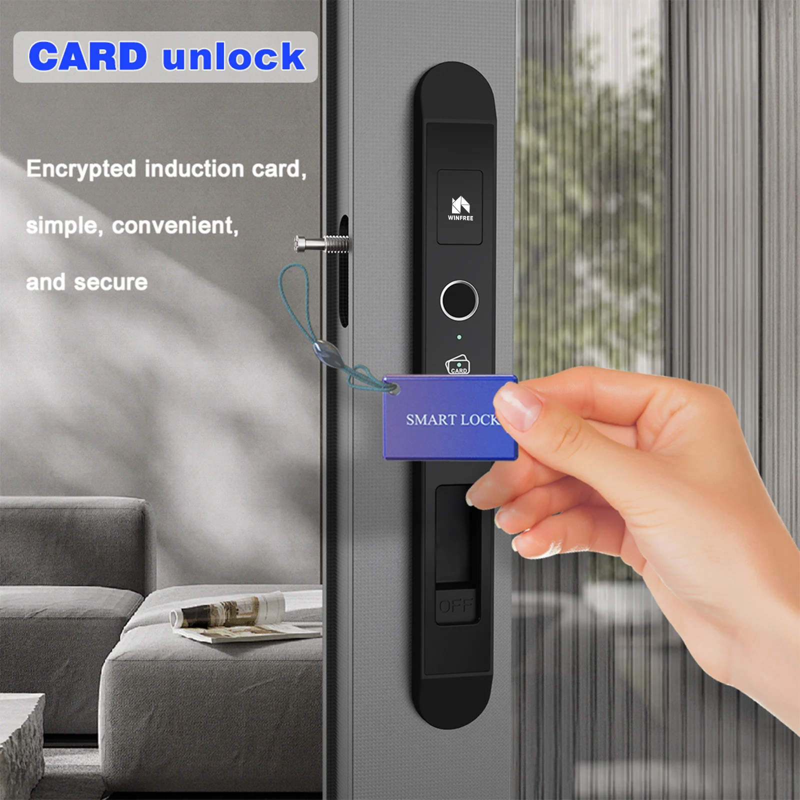 WINFREE SMART Fingerprint Card Key Aluminium Slim Narrow Profile Sliding Door Lock by Google Assistant or Alexa Voice Control