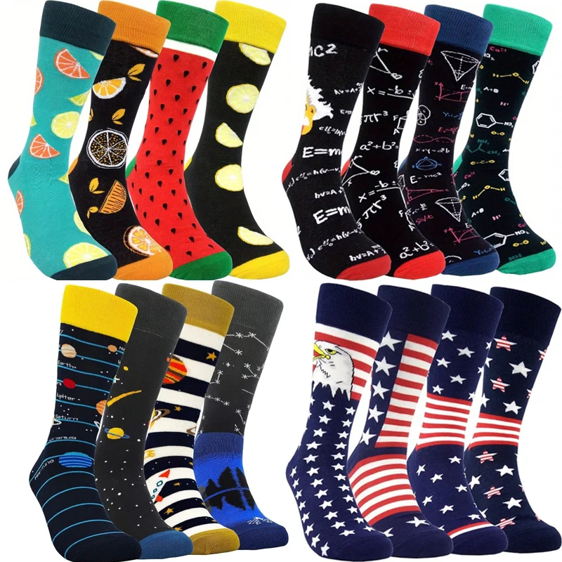 

4pairs Men Socks Personality Hip Hop Fashion Design Harajuku Skateboard Casual Happy Funny Fruit Stripe Printing Stock ﻿