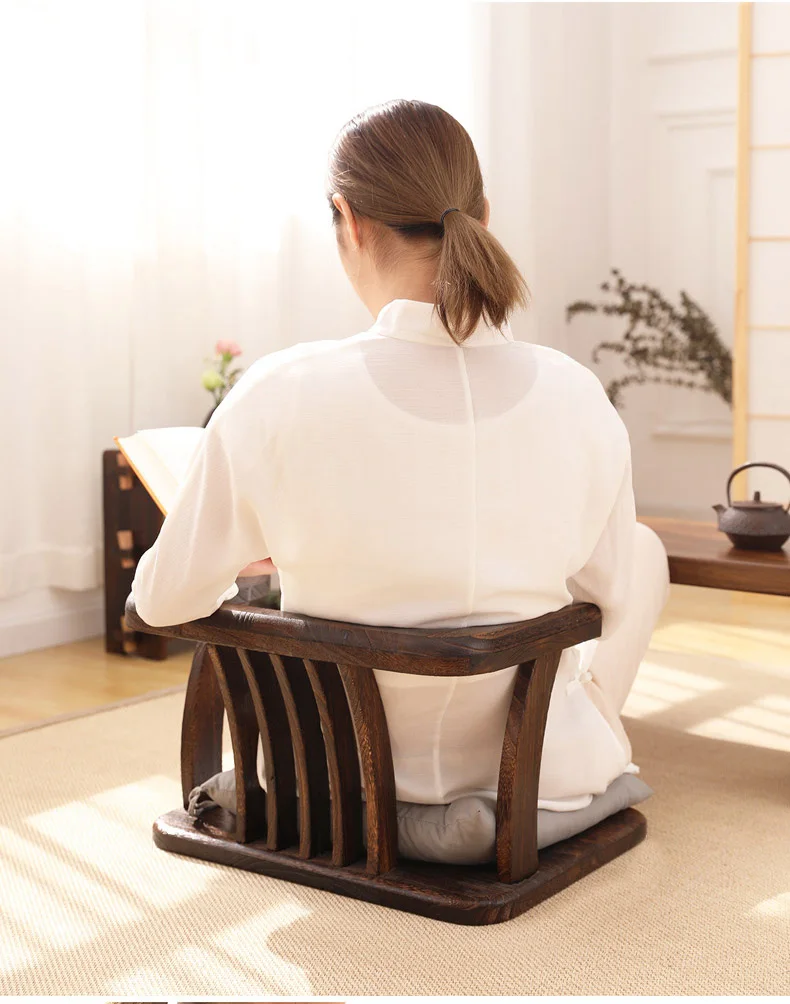 Solid Wood Armchair Zen Meditation Chair Tatami Tea Chair for Balcony Lounge Ergonomic Round Accent