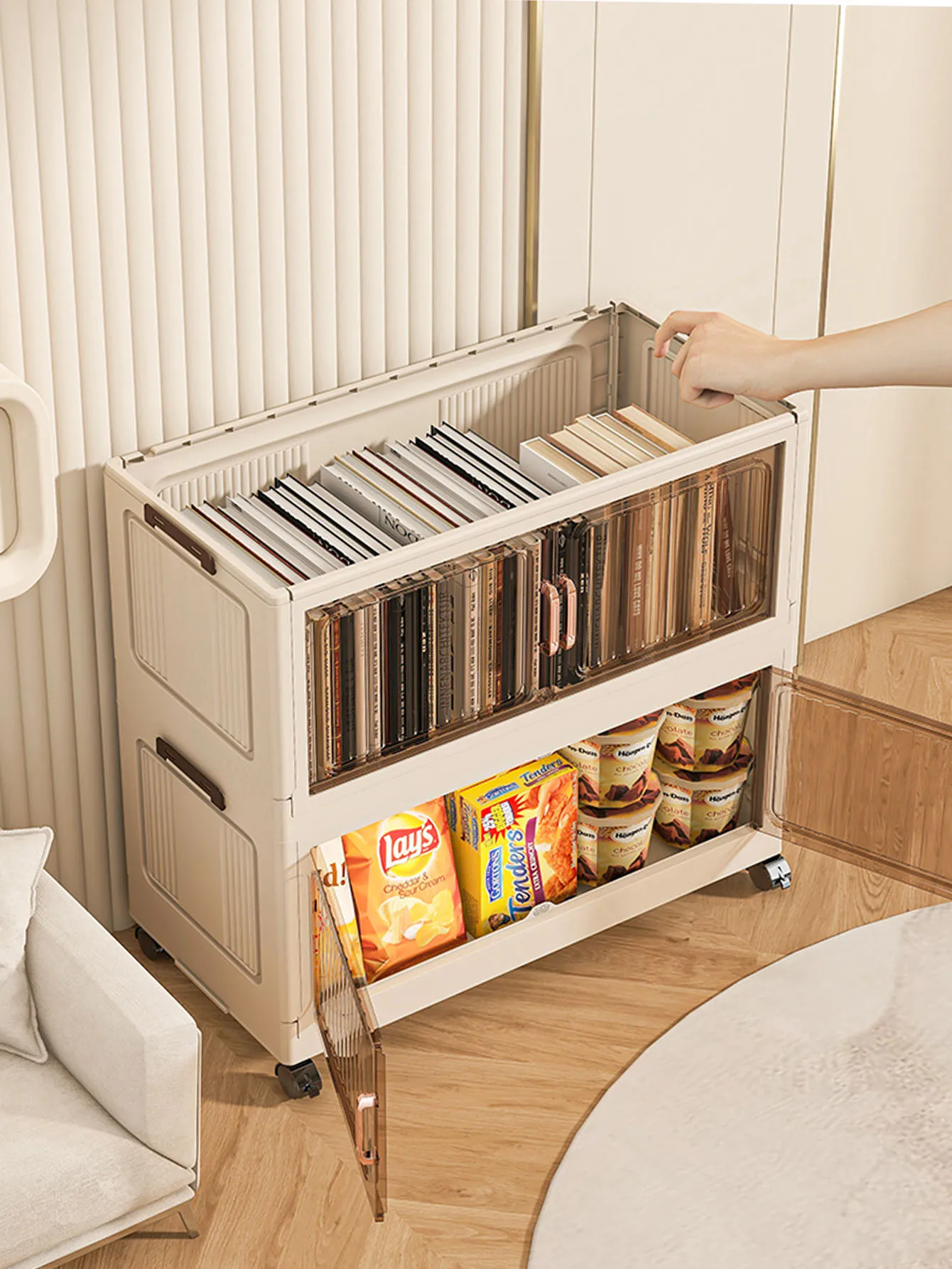 Installation-Free Wheeled Storage Cabinet – Tiered Flip-Lid Organizer Rack for Living Room & Bedroom, Multi-Purpose Home Shelf