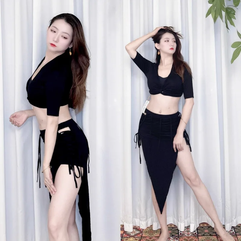 Customized Swegal Belly Dance Costumes Practice Outfit Inspired Modal Tie Top with Triangular Ribbon Skirt Short Set