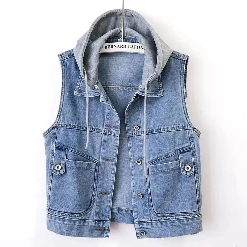 

Hooded Denim Vest Women New Spring Autumn Solid Jeans Vests Jackets Female Casual Lapel Sleeveless Waistcoats Cowboy Coat Tops