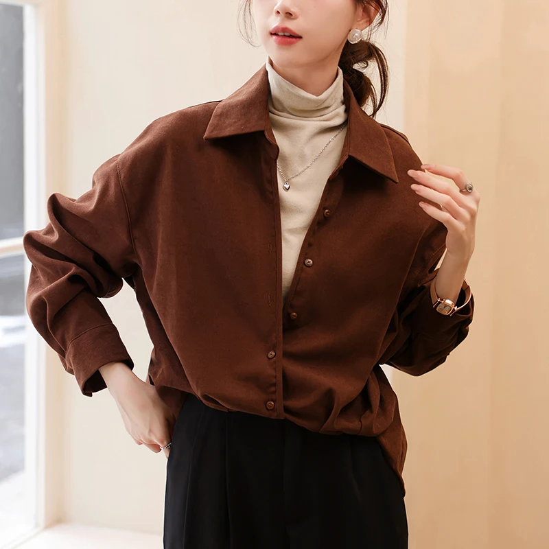 QOERLIN قطعتين ريترو كم طويل قميص مجموعة لخريف شتاء سميكة نحى بلوزة صوف مكتب سيدة أنيقة شيك بلوزة