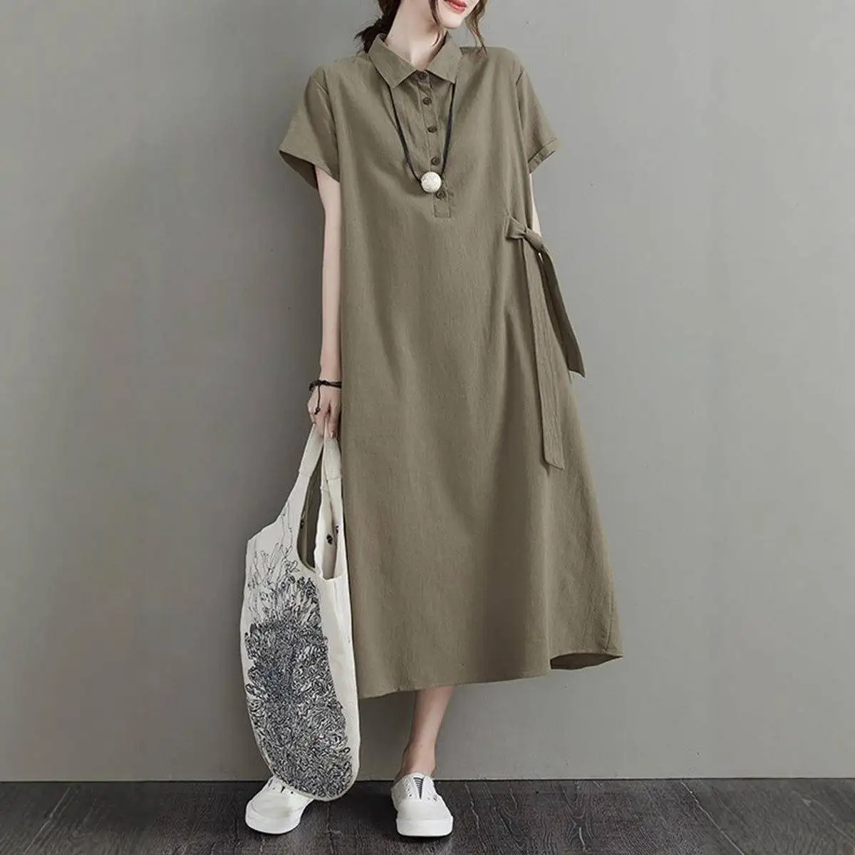 Casual Cotton Linen Loose Short Sleeve Turn-down Collar Women's Dress New Style Japanese Pure Color with Pocket Summer Dress