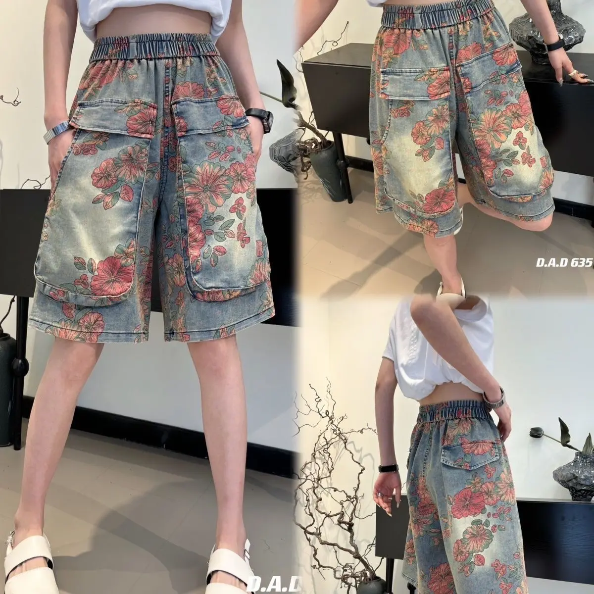 High Waist Casual Jeans Shorts Women Denim Shorts Vintage Summer Floral Print Loose Big Pocket Lady Denim Pants New Chic Clothes