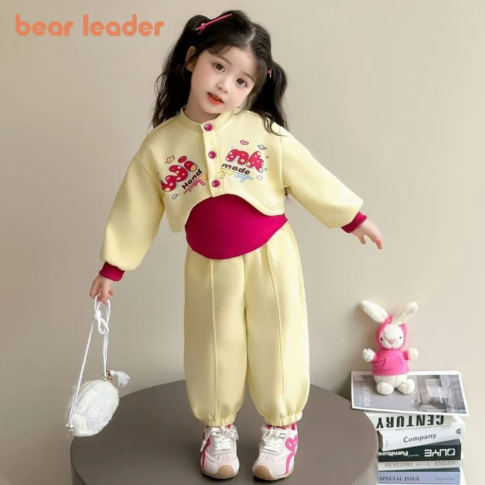 

Bear Leader Осенняя милая и милая желтая одежда для девочек с принтом букв, искусственный топ из двух предметов с длинными рукавами + брюки, комплект из двух предметов