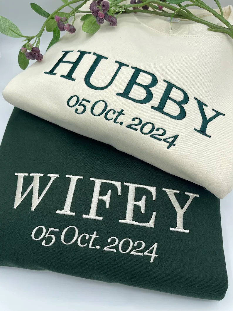 Custom Wifey and Hubby Embroidered Valentine Sweatshirt Matching Couples Jumper Mrs and Mrs Girlfriend Gift Unisex Wedding Gift