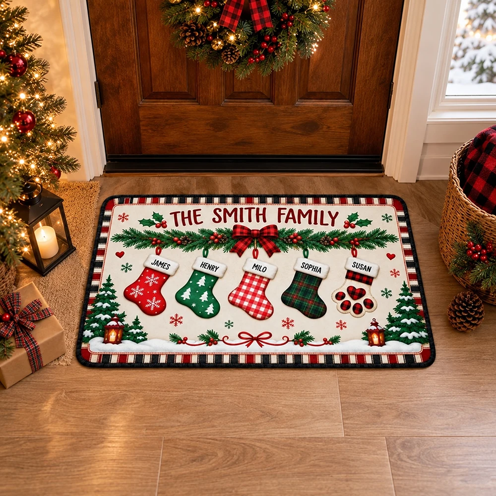 Personalized Christmas Doormat Custom Family Name Pet Names Non Slip Indoor Entryway Rug Holiday Home Decor Gift for Pet Owners