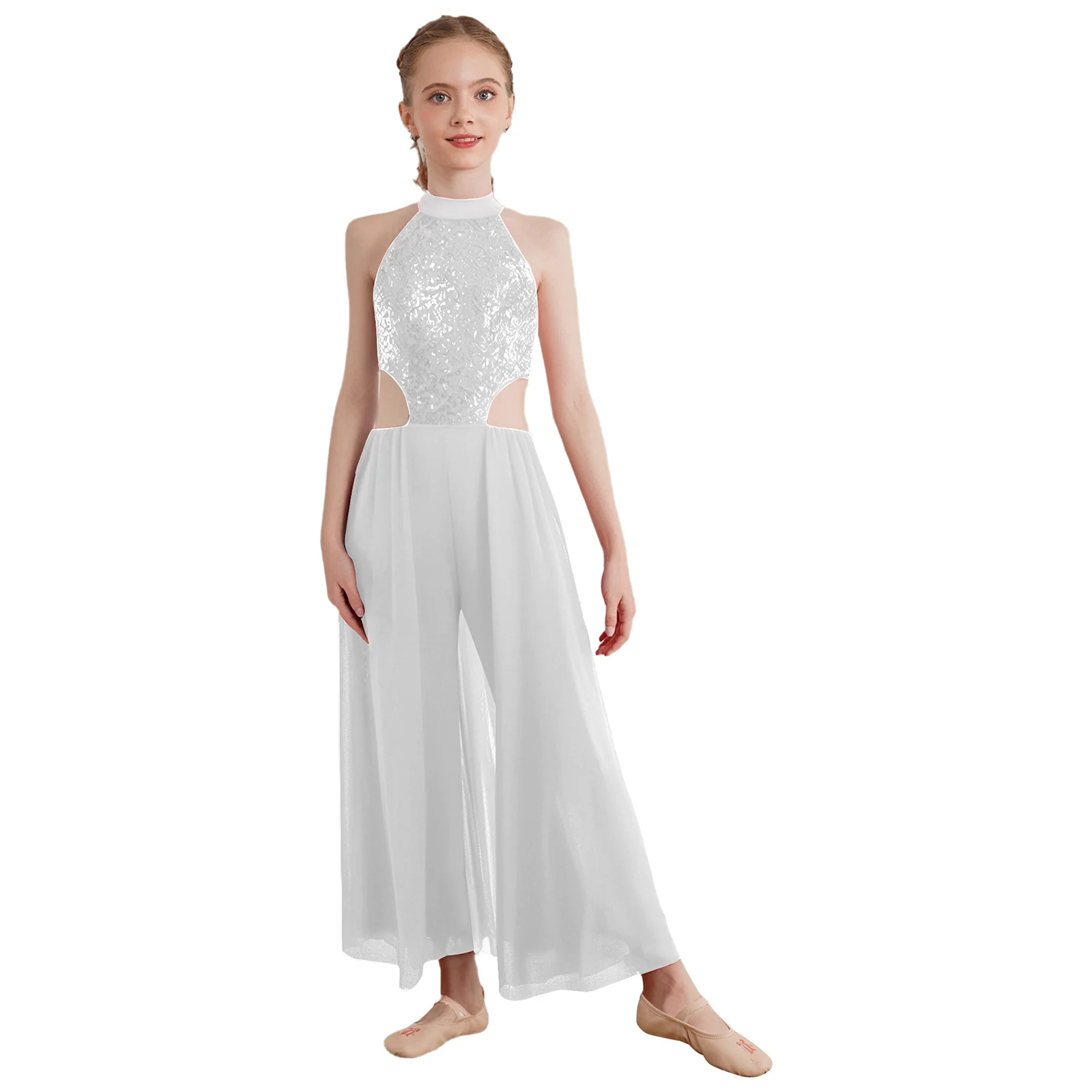 Kids Girls Jazz Latin Dance Performance Costume Shiny Sequins Halter Sleeveless Backless Mesh Skirted Jumpsuit Lyrical Dancewear