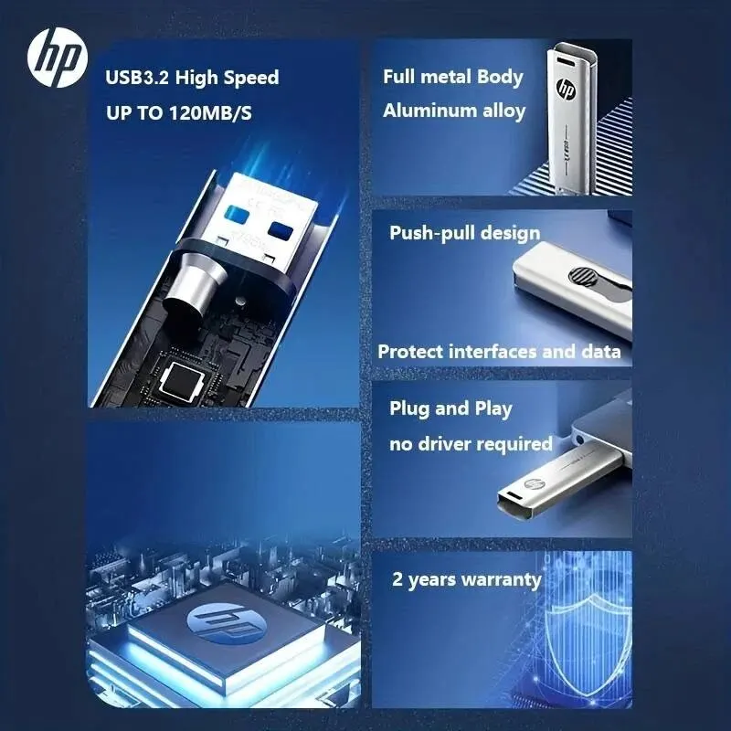 HP USB 플래시 드라이브 3.2 고속 스틱, 외장 스토리지, 금속 펜 드라이브, 독창적인 개성, 자동차 음악, 32GB, 64GB