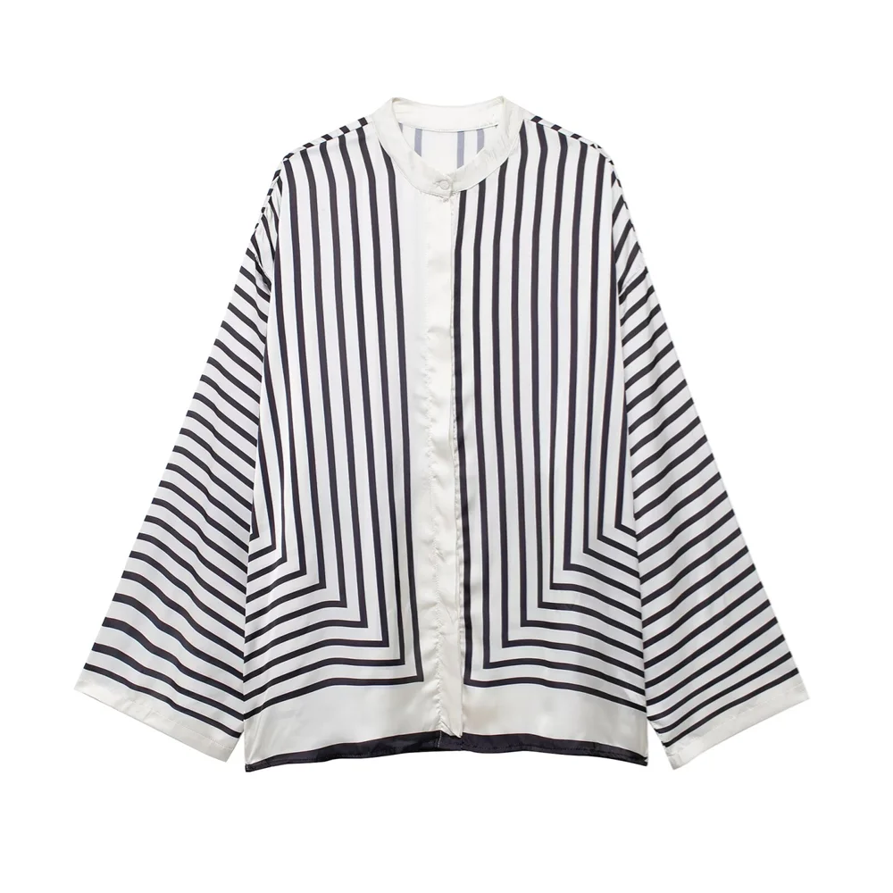 PB&ZA2024 autumn new women\'s clothing fashionable temperament casual loose and versatile striped printed round neck shirt