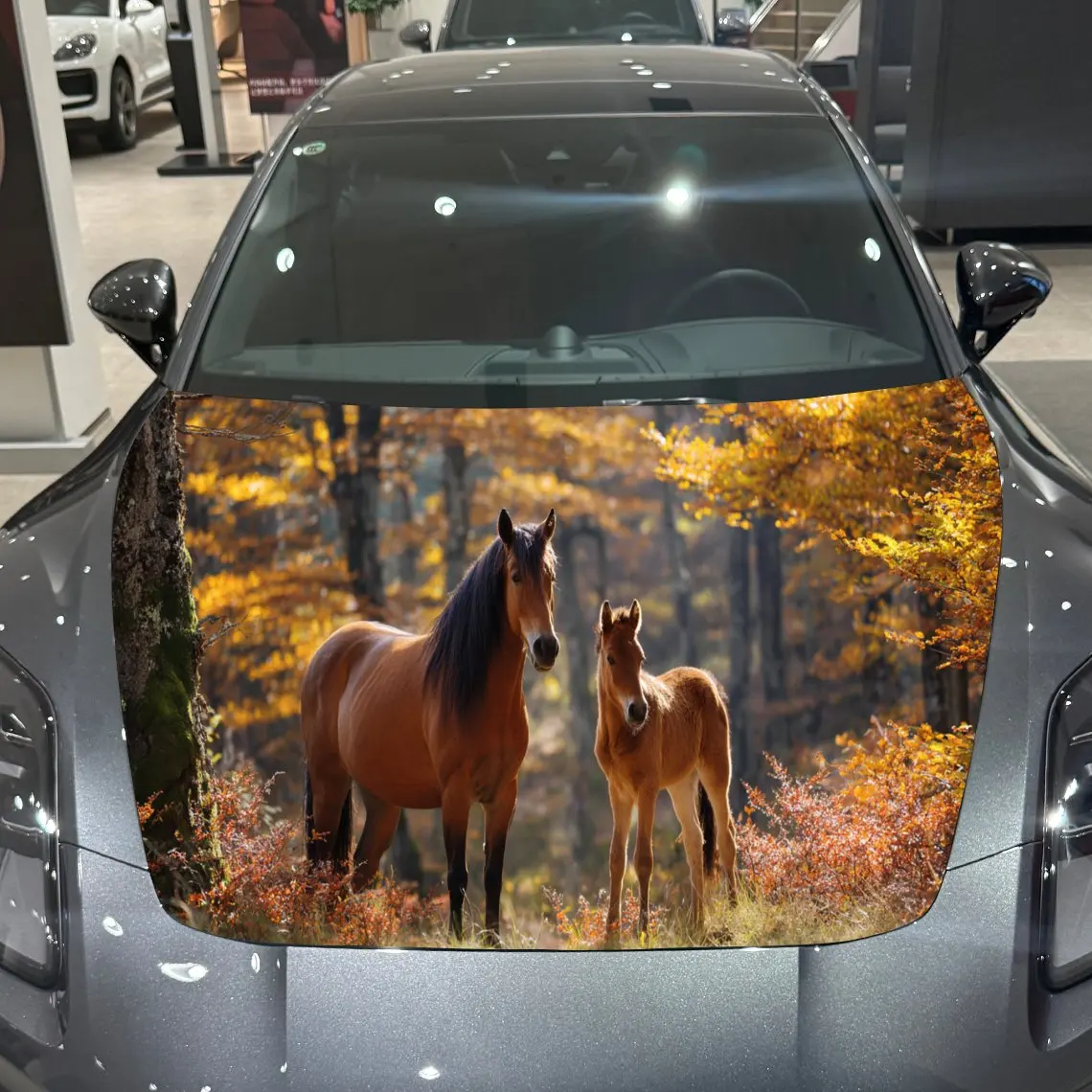 

Autumn Horse Mother & Foal Natural Tender PVC Car Hood Wraps, Self-Adhesive Waterproof Car Bonnet Decal Sticker, Car Decoration