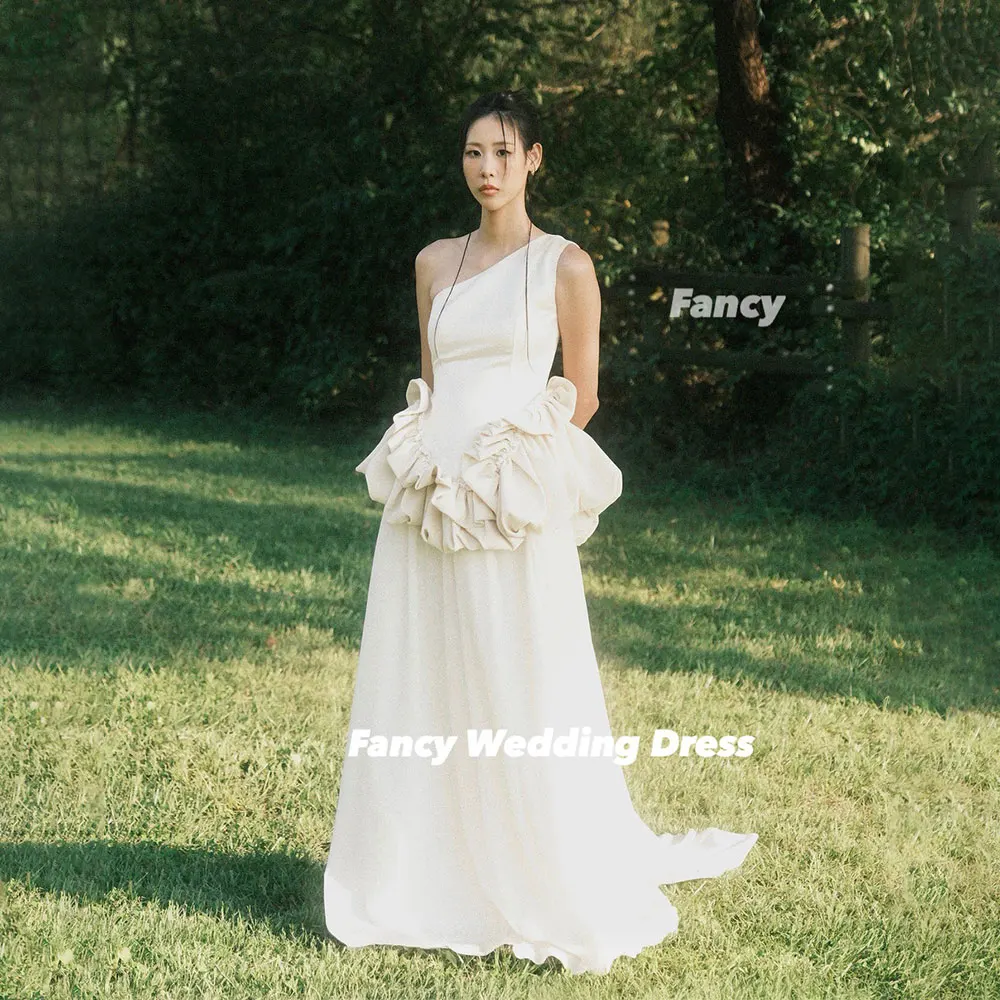 Fancy Special One Shoulder Wedding Dress Korea Photo Shoot Sleeveless Elastic Satin Evening Party Engagement Dresses Customized