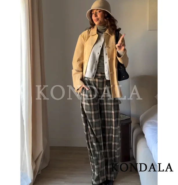 KONDALA Trendy Casual Plaid Pants Women High Street Chic Long Pants 2026 Spring Fashion Elegant Commute Vintage Female Trousers 3