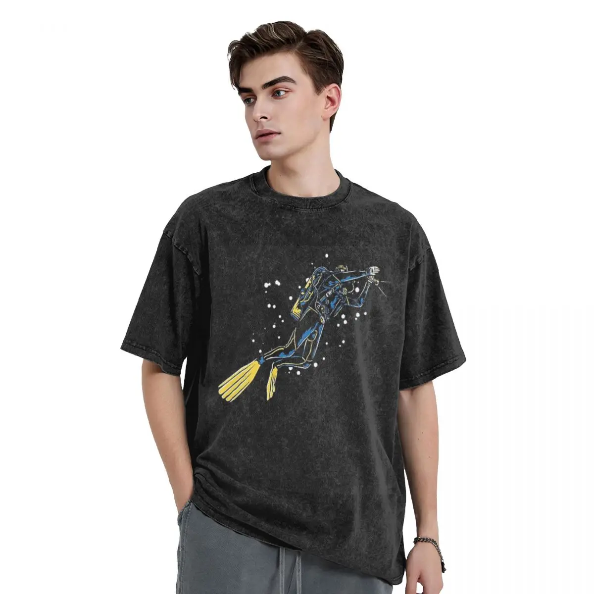 Scuba Diving Dive Diver Sea Snorkeling Sports Washed T Shirts Casual Short Sleeve T-Shirt Streetwear Tops Tees for Men Women
