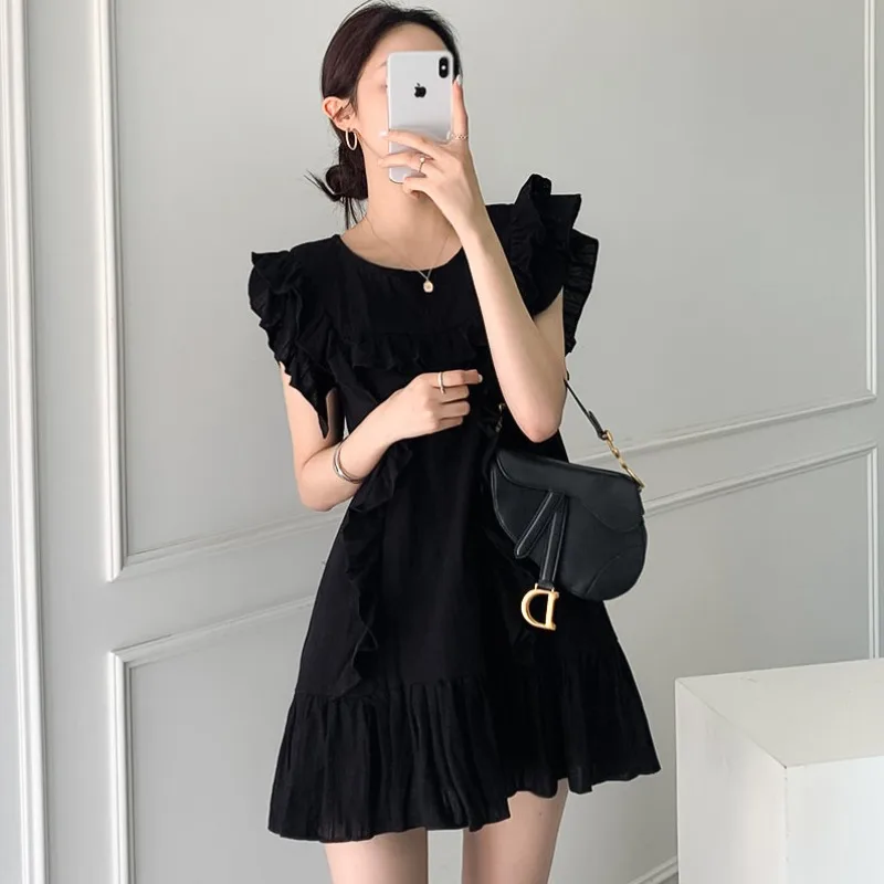 Chic été ort ample femmes Dr avec dentelle garniture Design coréen Sle rond Ne Fly Sve couleur Pure trajet Dr