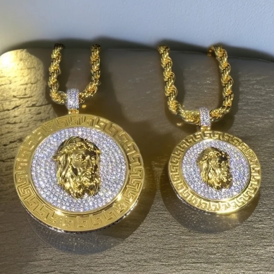 VANAXIN Iced Out Round Men's Religious Christ Pendant Jesus Necklace Gold Plated Hip Hop Cubic Zirconia Streetwear Accessory