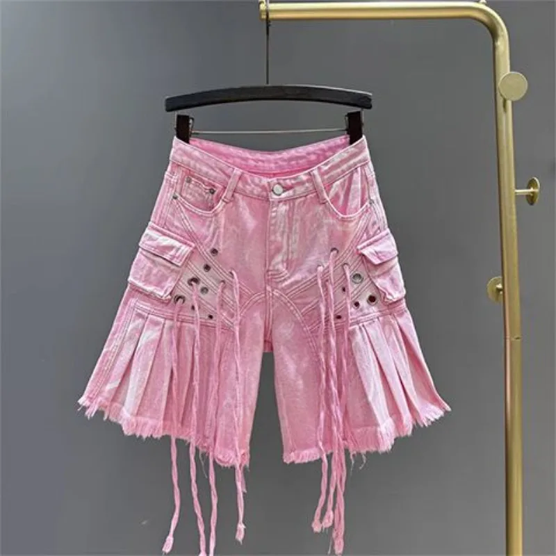 

Hot Girl Cargo Pocket Denim Cropped Pants Women's Summer Street Strap Raw Edge A-line Wide-leg Pants Jeans