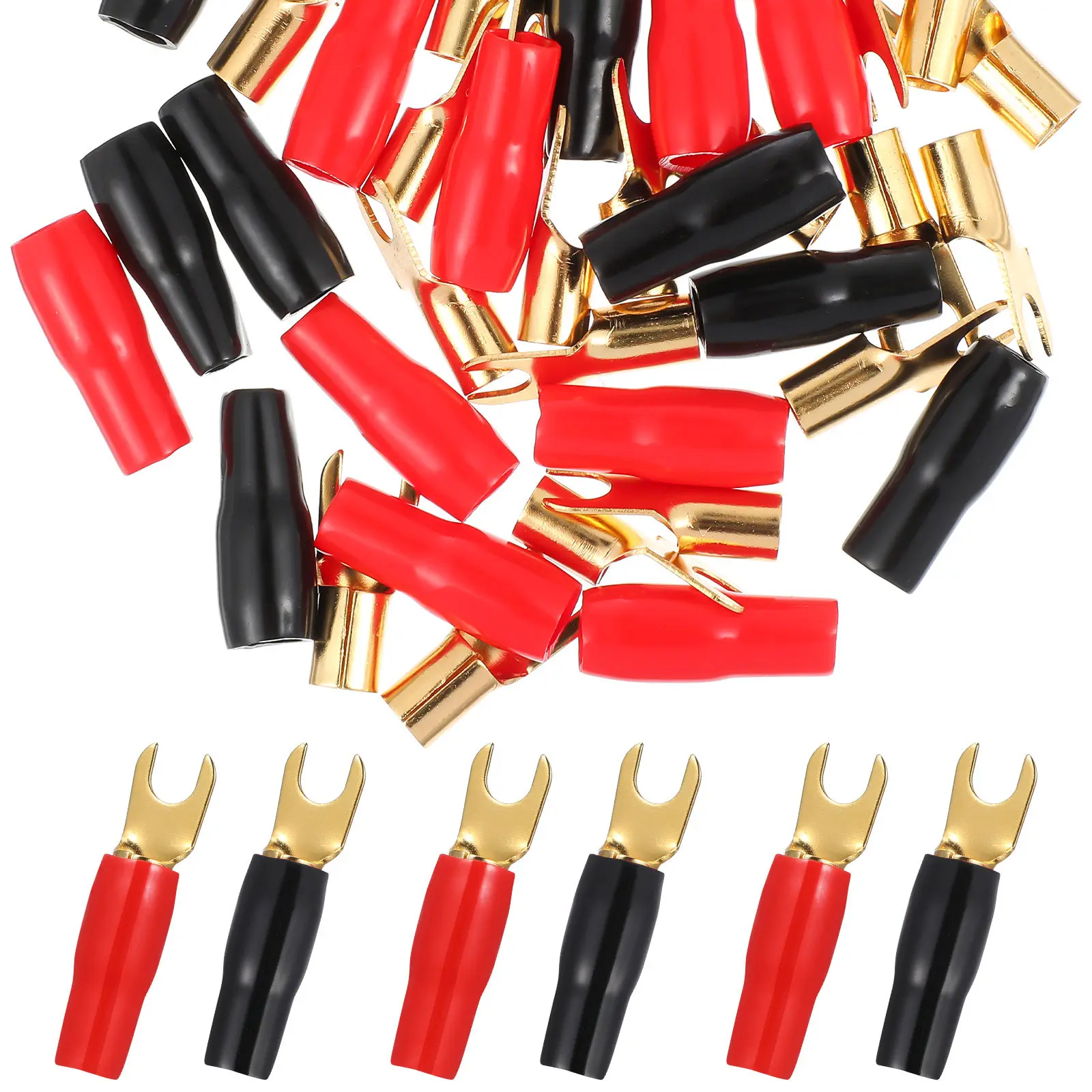 10Pairs Crimp Terminal Connectors Speaker Wire 8Ga Copper Gold Plated Spade Fork Adapters Barrier Spades Plugs Red Black