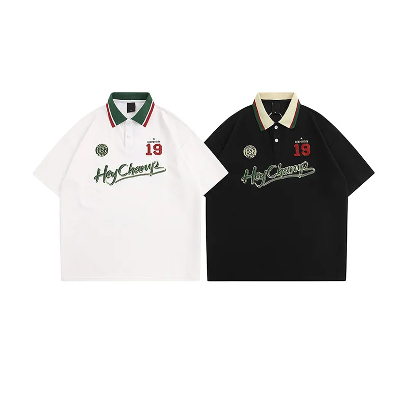 Men Polo Shirt 2023 Harajuku Vintage Embroidery Letter Cotton Casual Tshirt Summer Short Sleeve Tops Tees White homem golf Shirt