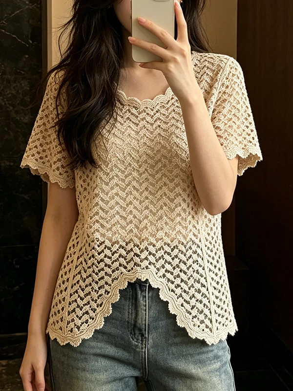 

Summer 2026 New Style Large Size Irregular Hollow out Loose Short Sleeve Lace Shirt Women's Elegant Fashionable Top