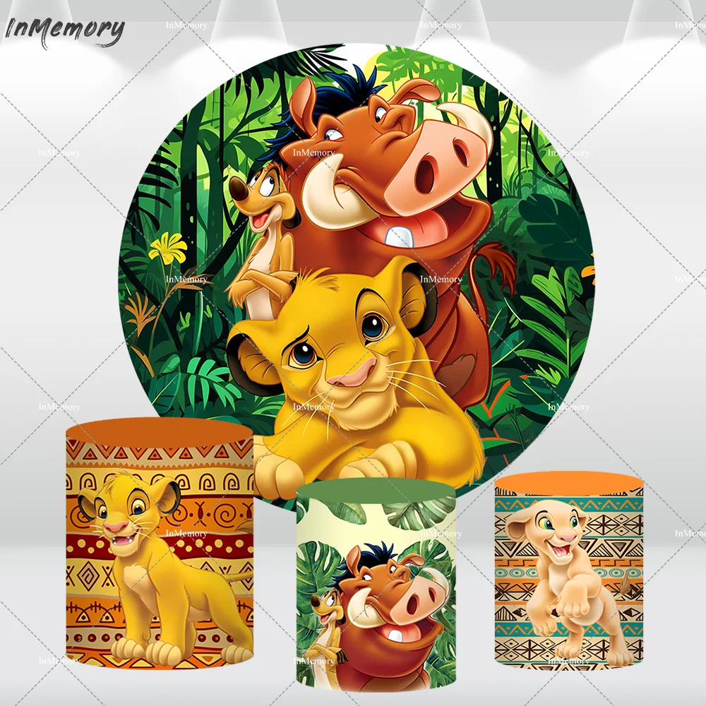 Suministros de fiesta de Safari de dibujos animados, cubierta de fondo de círculo redondo del Rey León, bosque verde, Simba, Fondo de Baby Shower, cubierta de cilindro