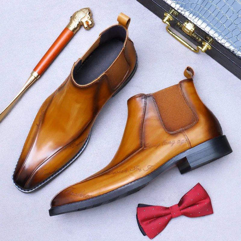 

Мужские лакированные ботинки челси без шнурков, с градиентным тиснением, дизайнерские, для делового стиля, мужская обувь