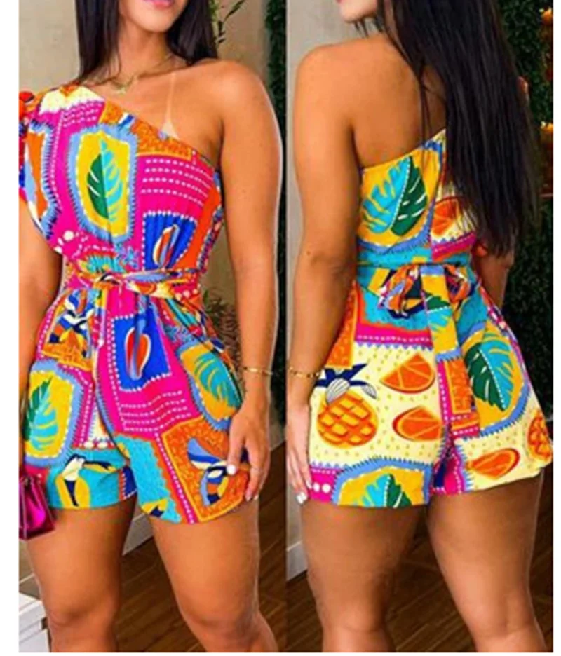 2023 Summer Women's Irregular One Shoulder Printed Ruffle Sleeve Waist Tie Up Jumpsuit Shorts Women's Top Women's Shorts