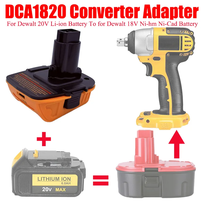 

ALASICKA Battery Adapter DCA1820 for Dewalt 20V Li-ion Battery To for Dewalt 18V Ni-hm Ni-Cad Batteries DC9096 DC9098 with USB