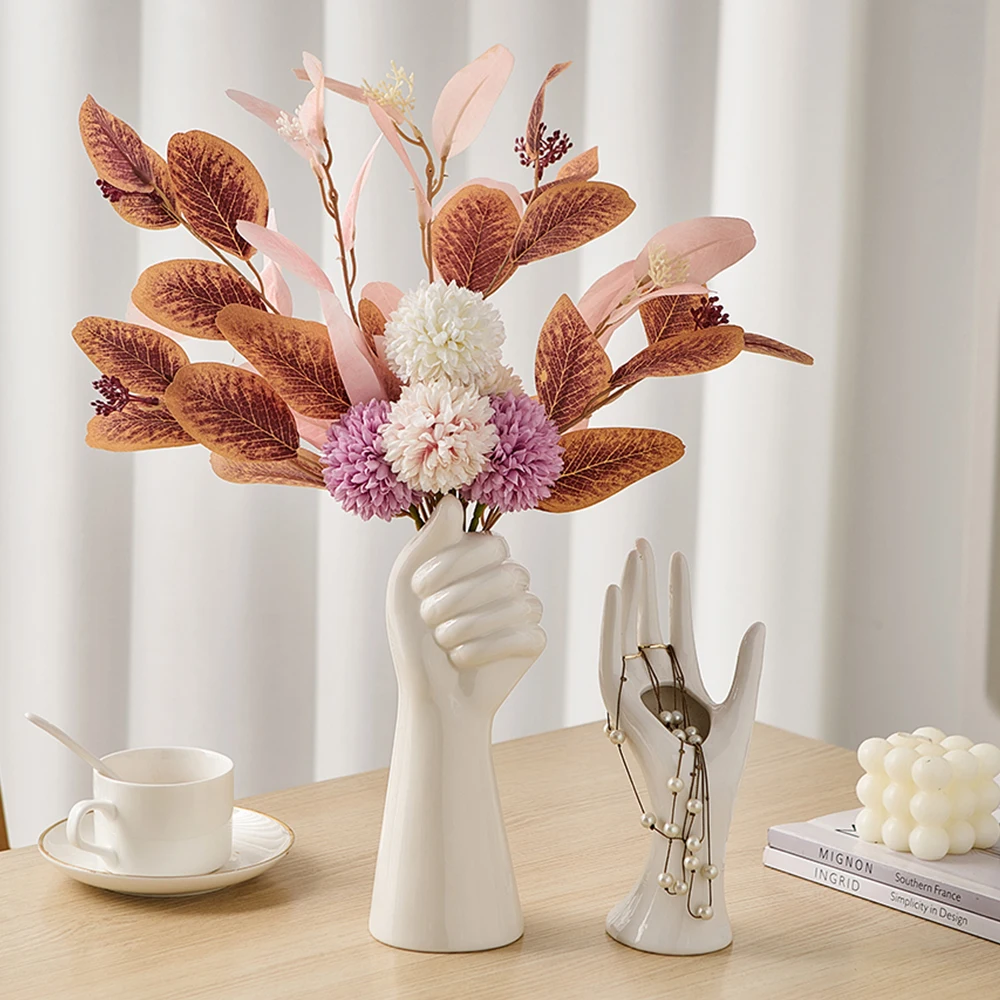 Nordic style Home Decor Office Desktop Decoration Living Room Vases White Ceramic Hand Vase for Hydroponic Flower Arrangement