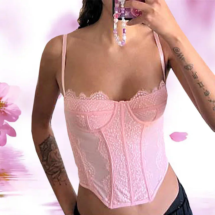 2023 Womens Fishbone Lace Mesh Sexy Corset Top Going Out Spaghetti Strap Bustier Fashion Vintage Night Out Cami Crop Tops