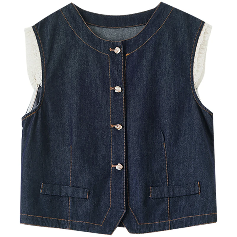 SENTUBILA Denim Jackets Sleeveless Vest Spliced Lace Coats Single Breasted Women's Clothing W52JC1839