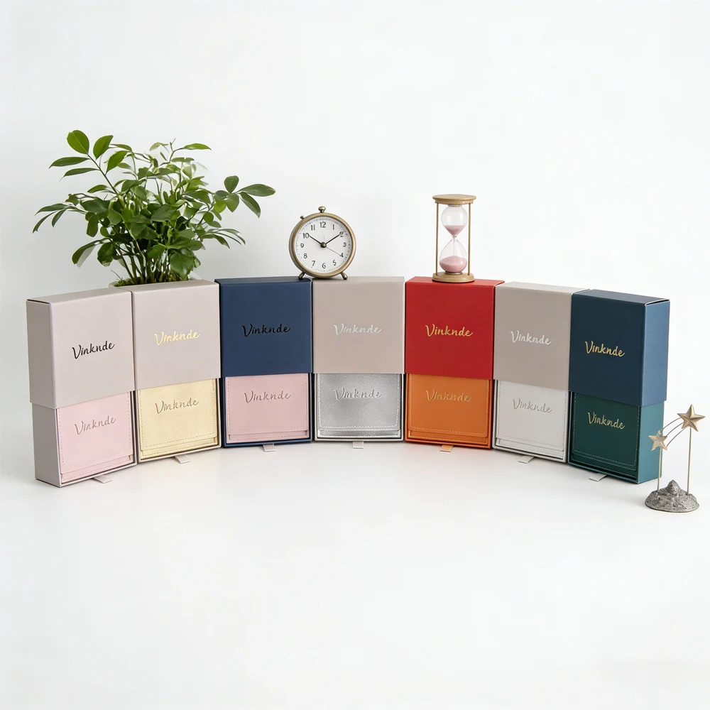 

Custom Logo Paper Drawer Boxes Gift Jewelry Slider Box With PU Leather Envelope Bags Necklace Earring Rings Dust Packaging Pouch