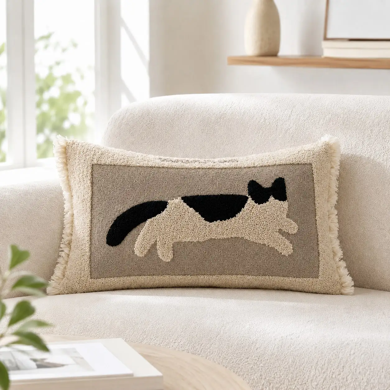 30x50cm (12x20in) Cute Tufted Cat Lumbar Pillow Cover, Towel Embroidery Decorative Throw Pillow Case, Comfortable Bohemian Neutral Farmhouse Style, Suitable For Sofa Bed Bedroom Living Room Home Decor, Gift, Pillow Insert Not Included view 2