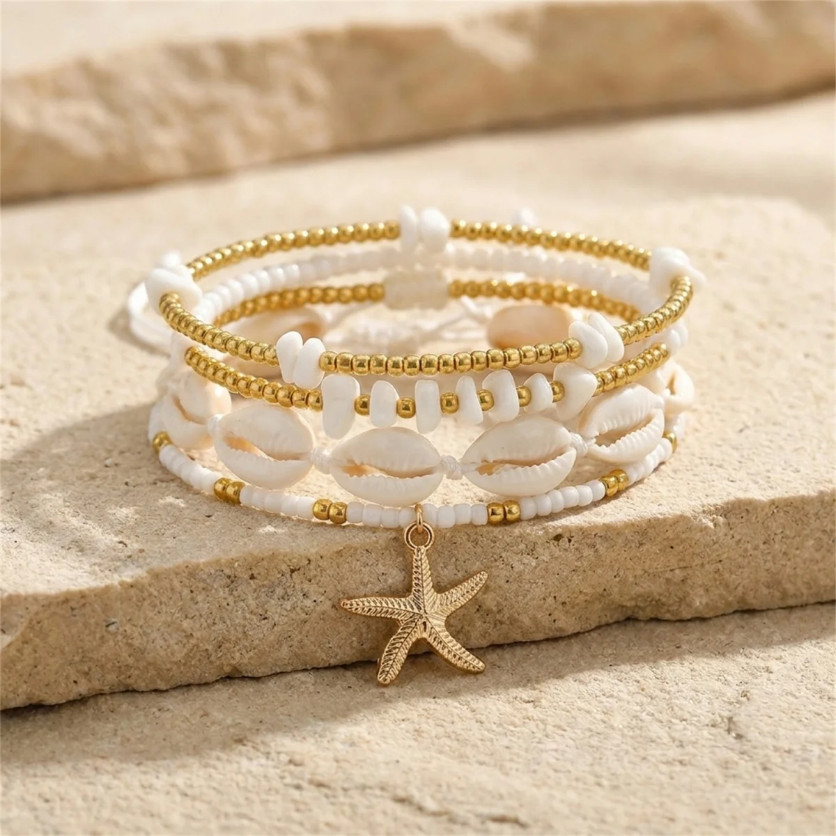 Mehrlagige Armbänder mit Seestern-Muschel- und Steinperlen für Damen und Herren, schicke Seestern-Sommer-Strand-Armreifen, stapelbarer Schmuck. – Detail 14