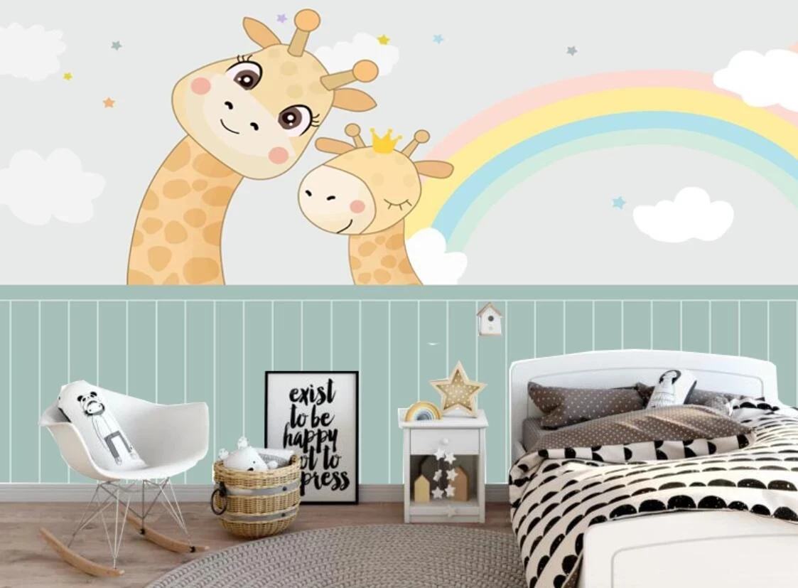 Customized 3D wallpaper room hotel interior mural Nordic hand-painted cartoon giraffe rainbow children's room bedroom restaurant