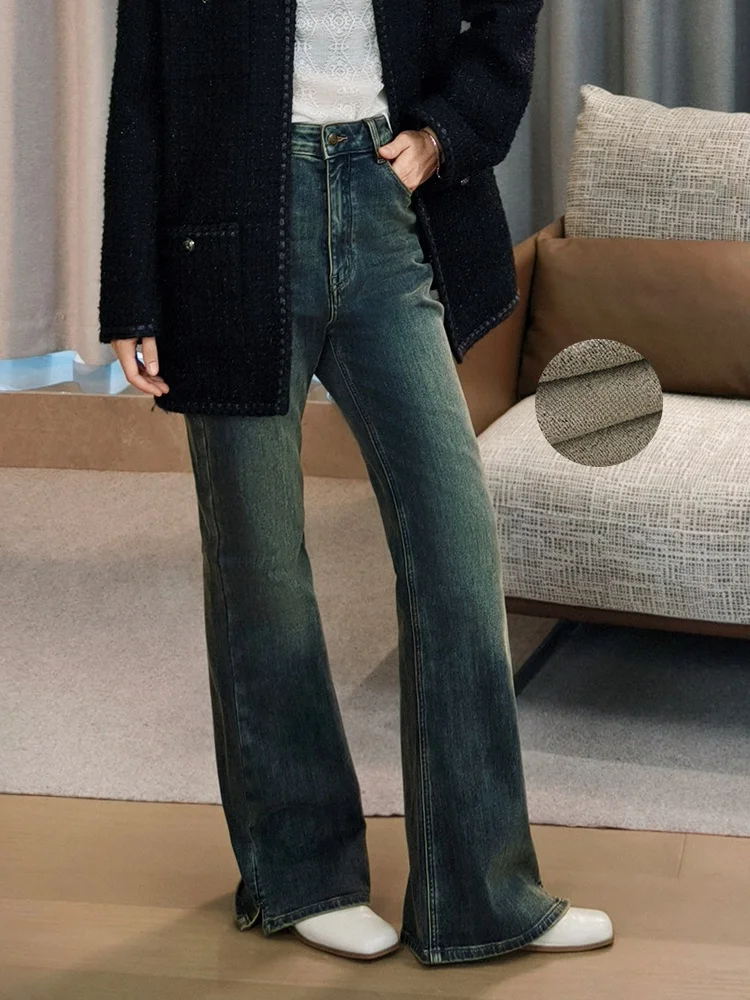 

Джинсовые брюки Meiyang Sunset с высокой талией, расклешенные цельные брюки, теплые длинные зимние синие джинсы в стиле ретро, повседневный вид с завышенной талией