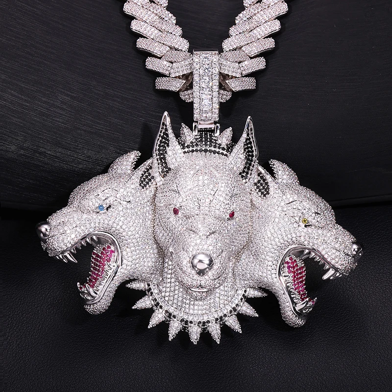 Hip Hop 5A+ CZ Stone Paved Bling Ice Out Big Cool Hellish Cerberus Pendants Necklace for Men Rapper Jewelry Silver Color