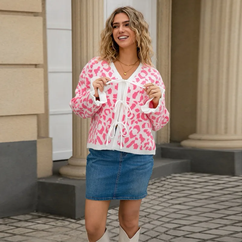 العصرية ليوبارد طباعة سترة للنساء 2025 الخريف جديد القوس الجبهة تكدرت الأصفاد تنوعا سترة القمم للمظهر غير الرسمي والأزياء