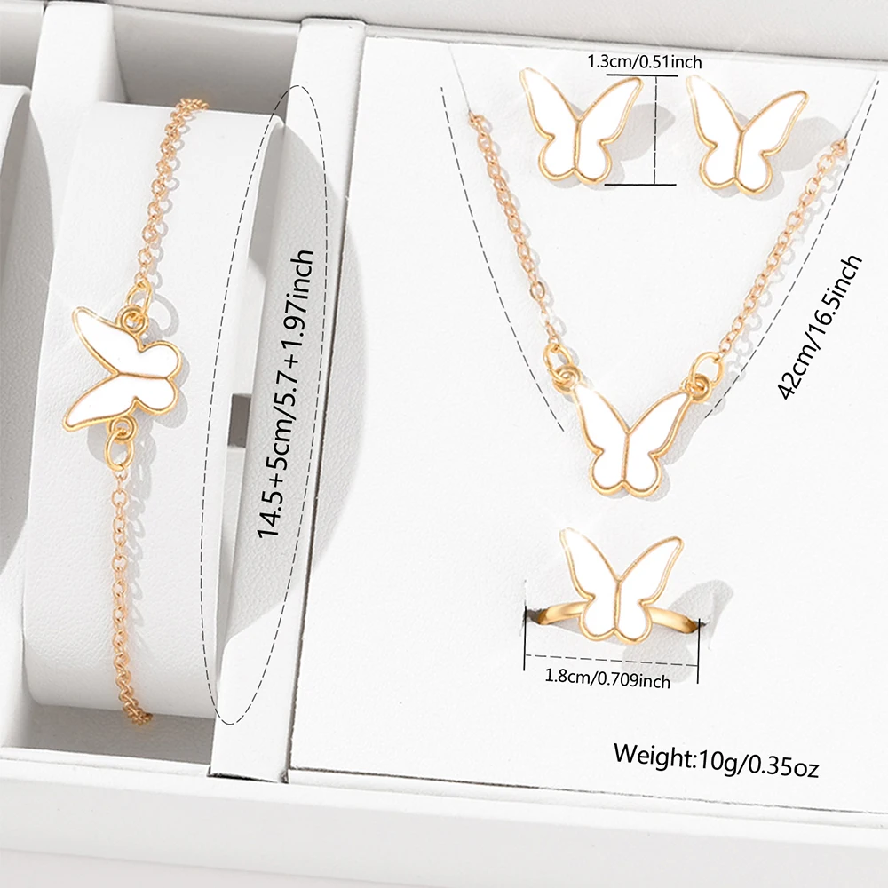 5 Piece Set Of White Butterfly Design Fashionable And Exquisite Temperament Necklace Earring Ring And Bracelet Combination Set