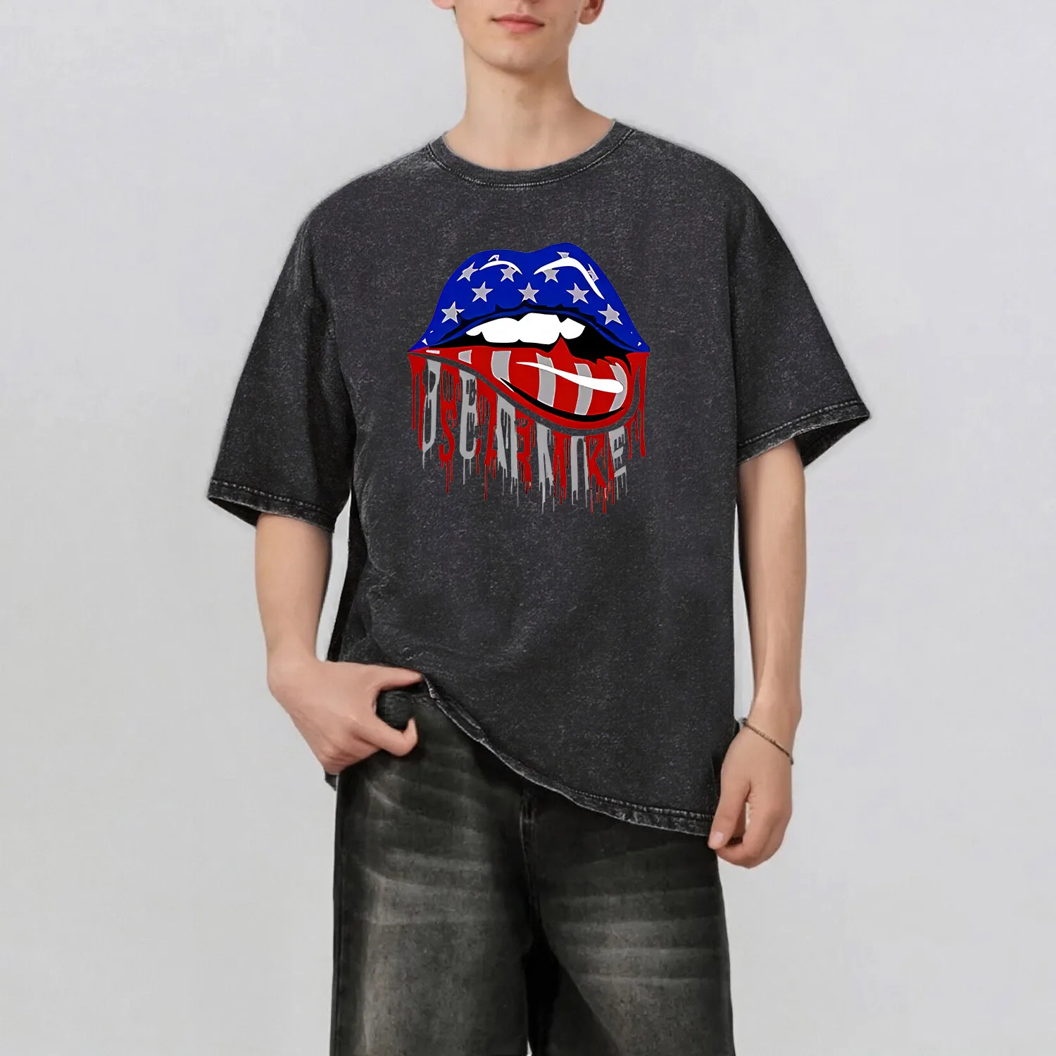 

Iips Pattern Rint Men's Summer Retro Style Washed Water T-Shirt Casual Short Sleeved Basic Men's Top 230G