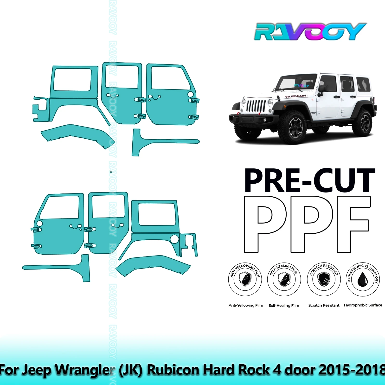 

For Jeep Wrangler (JK) Rubicon Hard Rock 4 door 2015-2018 8.5mil Pre-Cut PPF Door & A/B Pillar Kit TPU Paint Protection Film Set