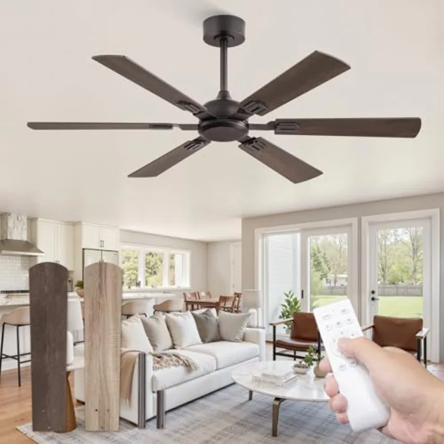 52 Inch Indoor or Covered Outdoor Ceiling Fan Without Light, Oil Bronze Dual Finish Metal, Modern 6-Blade Design with Reversibl