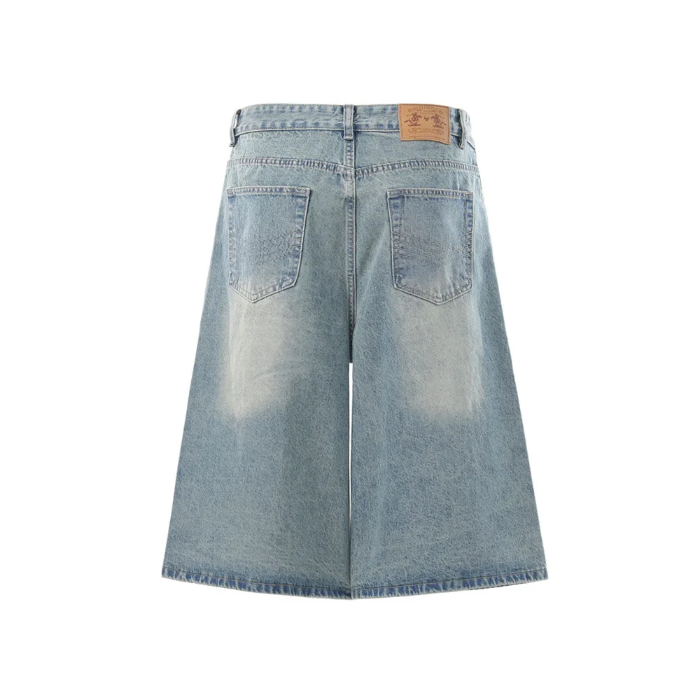MWJLPWQ Washed Distressed Denim Cropped Pants For Men Diagonal Irregular Button Design Summer Unique Trendy Loose Shorts 17198