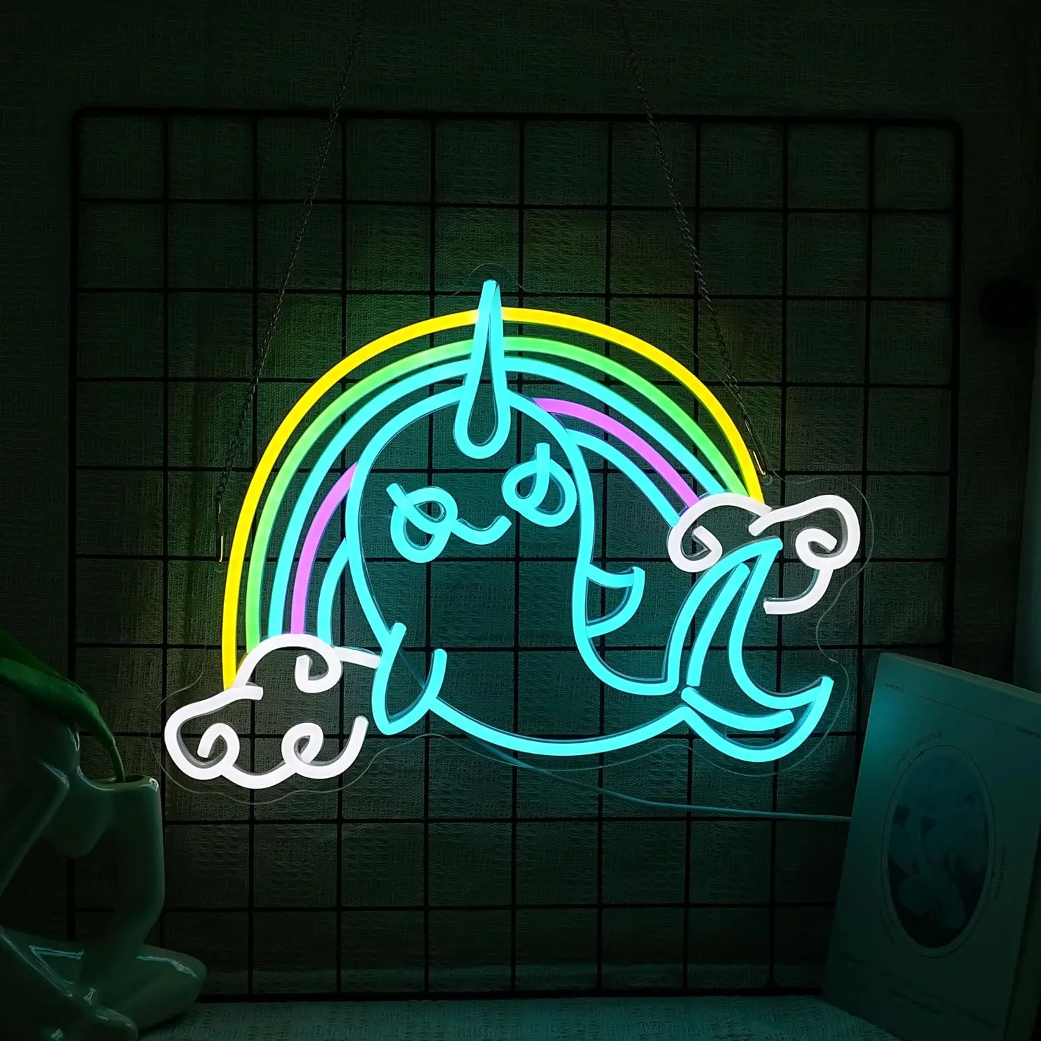 Rainbow Narwhal Neon Sign Dimmable LED Multicolor Acrylic Wall Lamp Kids Playroom Theme Party Cafe Toddler Birthday Decor Gift